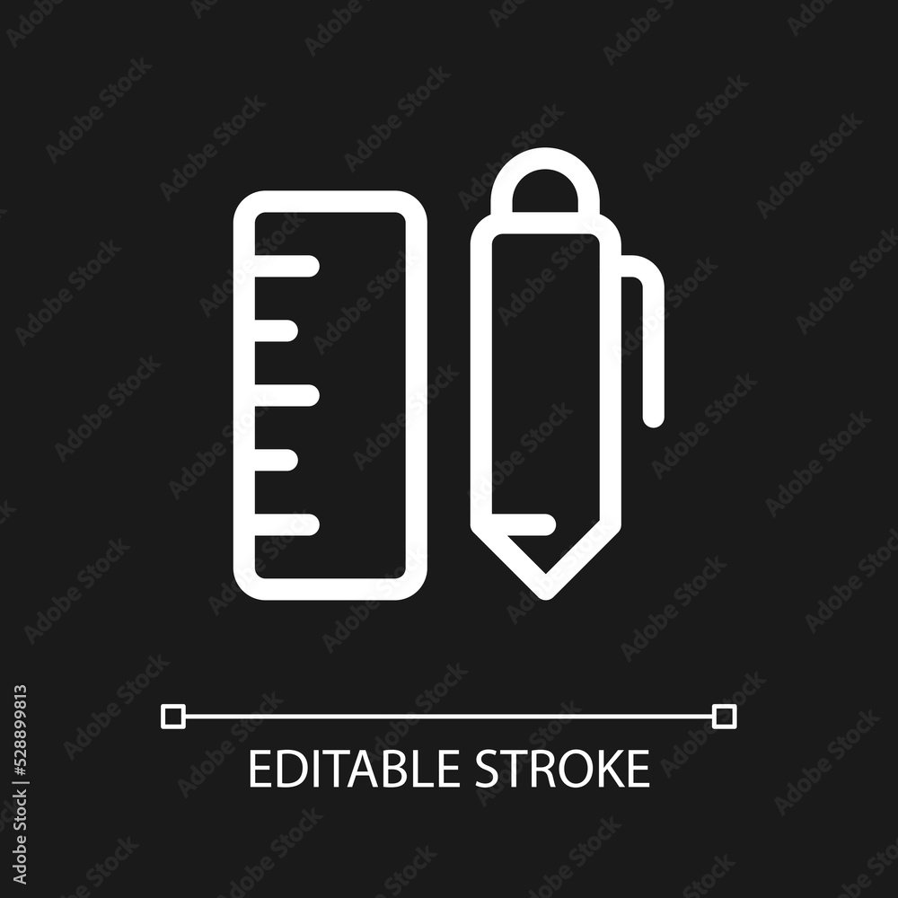 Poster school stationery pixel perfect white linear ui icon for dark theme. pen with ruler. vector line pic