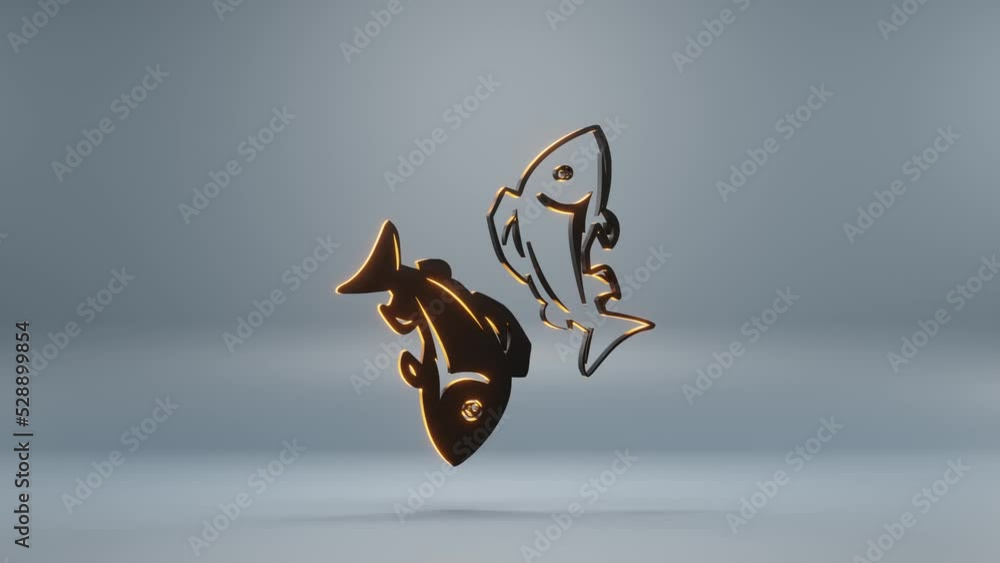 Poster Beautiful black zodiac sign Pisces with yellow light symbol icons on a blue background. 3d rendering illustration. Background pattern for design. Loop video.