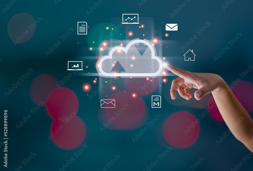 Poster finger pointing at the hologram cloud represents search, communication, data storage with cloud comp