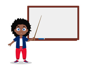A schoolboy with a pointer at a white board, without an inscription. Vector illustration