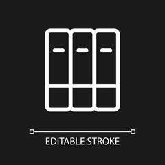 Organize bookshelf pixel perfect white linear ui icon for dark theme. Grouping books together. Vector line pictogram. Isolated user interface symbol for night mode. Editable stroke. Arial font used