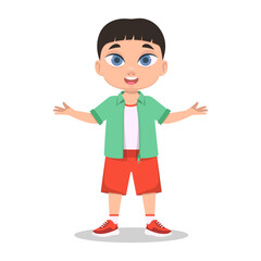 Cute boy throws up his hands. Surprised boy. Vector illustration