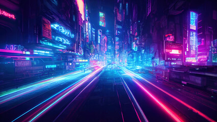 Futuristic cyberpunk city with blue and pink light trail. Concept sci fi downtown at night with skyscraper, highway and billboards. 3D illustration.