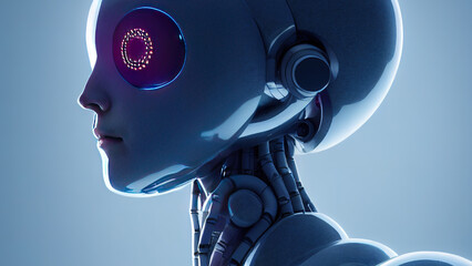 3d rendering. Futuristic robot. Metal and glowing lines. Artificial intelligence.