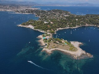 Aerial view of Cap d'Antibes and  Billionaire's Bay. Beautiful rocky beach near coastal path on the...