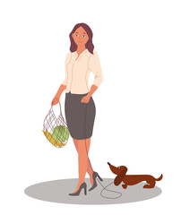 Office woman on a walk after work with a dog and groceries. Vector vertical illustration on white background.
