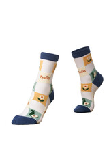 Detailed shot of colored translucent socks with a rubber band and a floral print. The socks are...