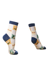 Detailed shot of colored translucent socks with a rubber band and a floral print. The socks are shaped as walking human legs. The textured vegetable print socks are isolated on a white background.