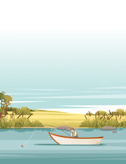 Fishermans sits on wooden boat and fishing with rod vector illustration landspace background vertical format