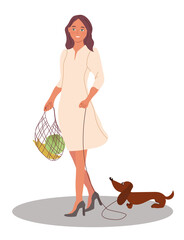 Beautiful illustration of a lady in a white dress with a dog and a shopping bag.