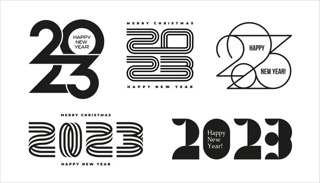 Collection of New 2023 Year symbols. Black vector elements, isolated on white background.