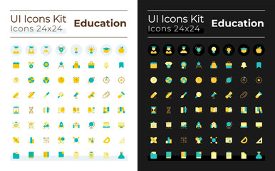 Distance education flat color ui icons set for dark, light mode. E-learning application for students. GUI, UX design for mobile app. Vector isolated RGB pictograms. Montserrat Bold, Light fonts used