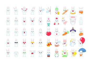 Cute bunny sticker set. 50 flat cartoon illustrations of little gray rabbits isolated on a white background. Vector 10 EPS.