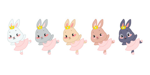 Naklejka premium Set of cute ballet dancing bunnies. Flat cartoon illustrations of a little rabbit ballerinas wearing pink dresses and crowns isolated on a white background. Vector 10 EPS.