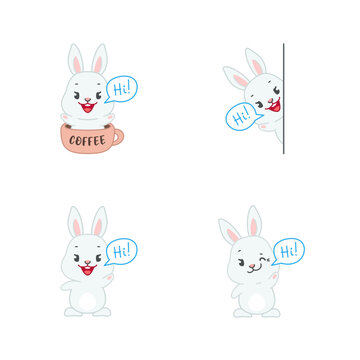 Set of cute bunnies. Flat cartoon illustrations of 4 funny little gray rabbits saying "Hi!" isolated on a white background. Vector 10 EPS.