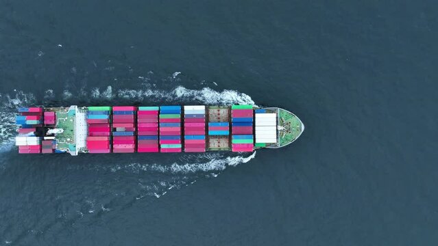 cargo container ship top view carrying container and running for export  goods  from  cargo yard port to other ocean concept freight shipping ship logistics transportation business service concept