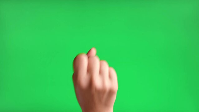 Gestures pack. Female hand touching, clicking, tapping and swiping on chromakey green screen. Zoom in, zoom out. Close up. 4K Footage Pack. Using for a smartphone, tablet pc or a touch screen devices.