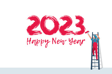 Happy New Year. Human on ladders are holding roll brushes and writing the number 2023. Snow background. Brush numbers. Vector illustration flat design.