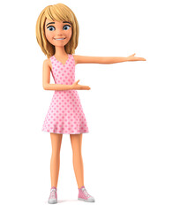 Girl cartoon character in a pink dress isolated on a white background points to an empty space with her hands. 3D rendering illustration.