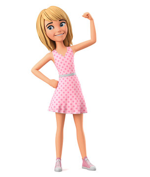 Girl cartoon character in pink dress isolated on white background with raised hand. 3D rendering illustration.