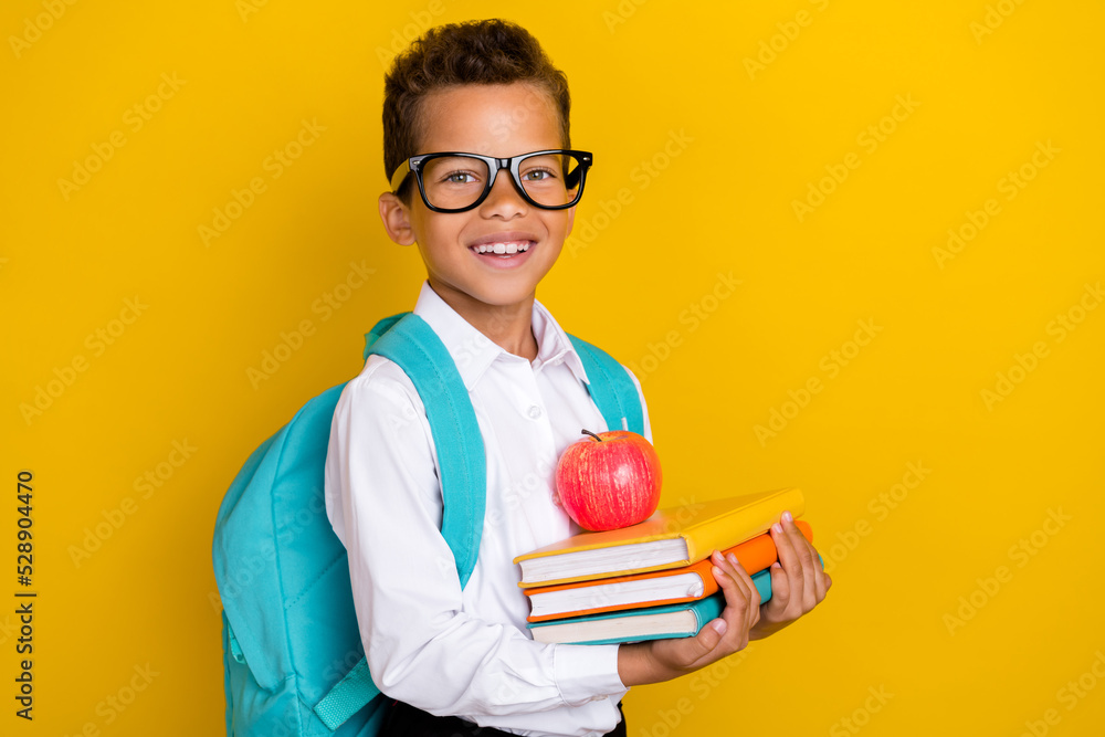 Sticker portrait of intelligent friendly boy arms hold pile stack book apple isolated on yellow color backgr