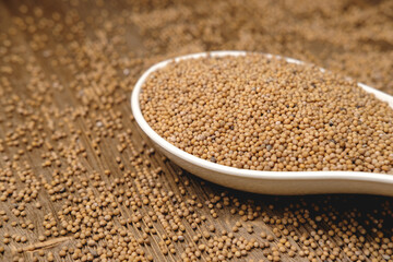 Mustard seeds are scattered around and poured into a white wide spoon lying in the lower right corner, close-up.