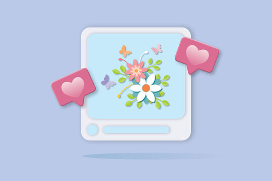Photo frame with flowers, butterfly and love emoji icon on pastel background. Concept of social media online platform and communication on applications. illustration paper cut design style.