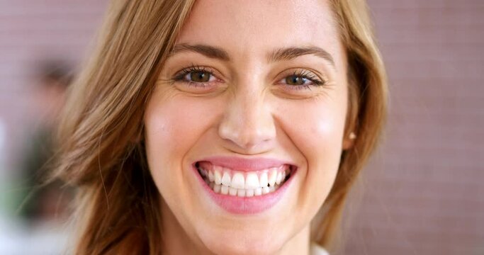 Teeth, smile and woman in a dental portrait smiling with a healthy clean white mouth and natural skincare zoom in. Veneers, face and happy girl after oral whitening, grooming selfcare routine results