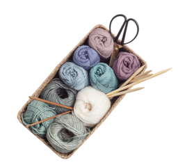 Craft hobby background with yarn in natural colors. Recomforting, destressing hobby