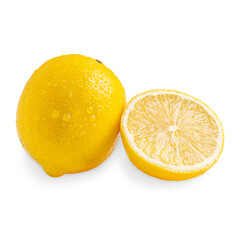 Whole and halved yellow juicy ripe lemon citrus fruit  wet with water drops isolated on white...