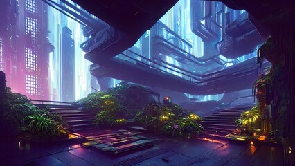 Futuristic dark modern room, neon light interior with botanical garden, plants. Hi-tech and sci-fi neon interior, stairs up. 3D illustration