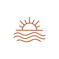 Sunset logo in boho vintage style, illustration of sun in line art outline design