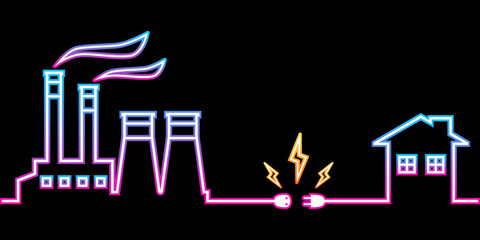 Blue purple line power plant generates electricity to transmit electricity to city building home with electric socket outlet plug and yellow spark bolt outline neon light glowing flat vector design.