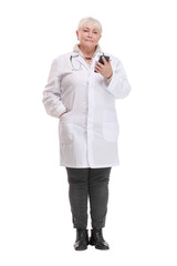 A full-length shot of a doctor woman sending a message with the mobile