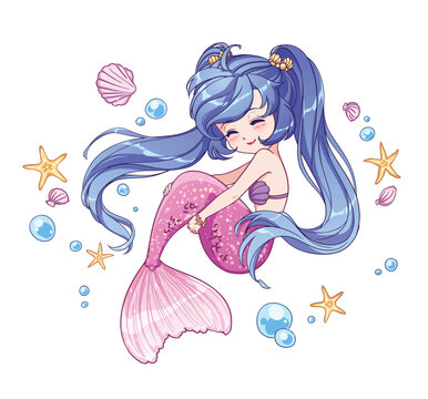 Cute little cartoon mermaid with long blue hair
