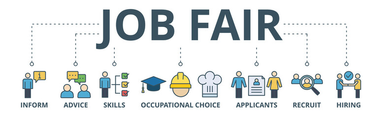 Job fair banner web icon vector illustration concept for employee recruitment and onboarding program with an icon of the information, advice, skills, occupational, applicants, recruit, and hiring