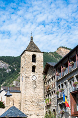 Fototapeta na wymiar Vista de la Iglesia de Sant Corneli y Cebria en Ordino - Andorra durante el verano