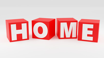 Obraz premium Red cubes inscription home on grey podium, soft light, smooth background, 3d rendering