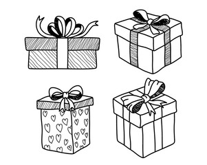 Gift boxes, presents vector icon set. Hand drawn doodle collection isolated on white.