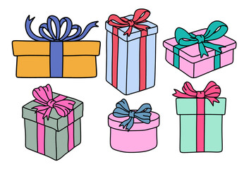 set of colorful gift box with colored doodle or hand drawn style. vector illustration