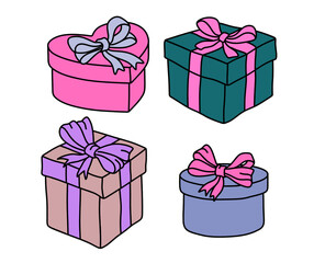 set of colorful gift box with colored doodle or hand drawn style. vector illustration