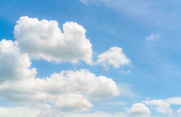 Naklejka na ściany i meble Beautiful blue sky and white clouds abstract background. Cloudscape background. Blue sky and fluffy white clouds on sunny day. Beautiful blue sky. World Ozone Day. Ozone layer. Summer sky.