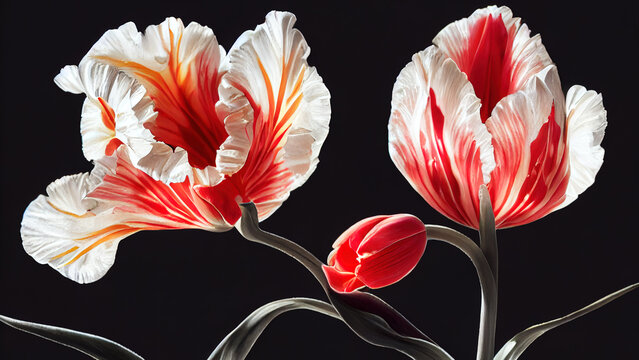 Styled tulip flowers on dark background. Print, wallpaper, modern textile design, wrapping paper. 