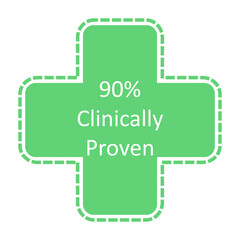 Sign 90% Clinically Proven. Green medical cross. Quality certificate, approval for use in medical clinics, laboratories, veterinary clinics. Vector illustration isolated on white background.