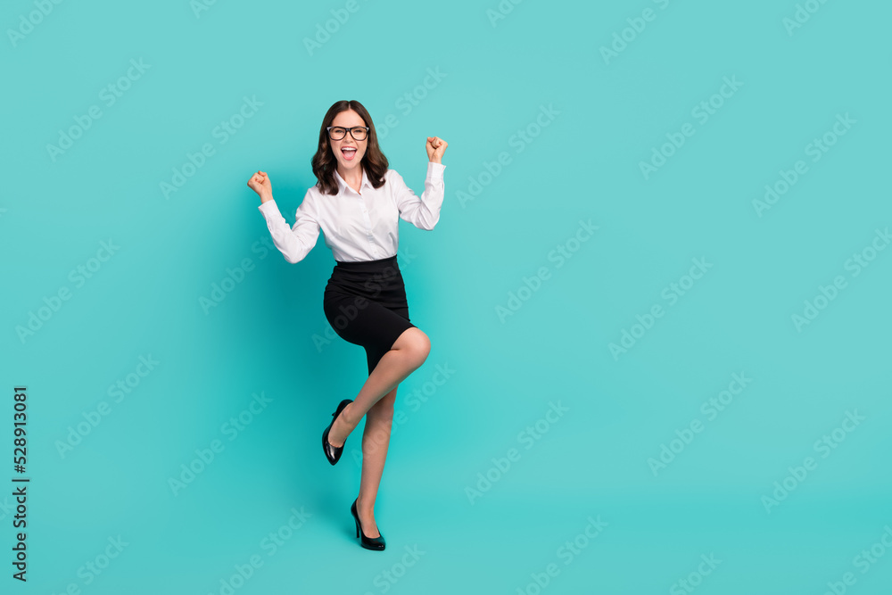 Canvas Prints Full size photo of delighted executive lady fist up achieve partnership agreement isolated on cyan color background