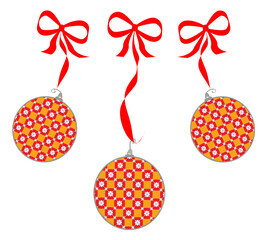 Set of three red and gold Christmas ornaments hanging from red ribbons and bows, isolated graphic design elements for holiday stationary, backgrounds, banners, wallpaper, greeting cards, etc.