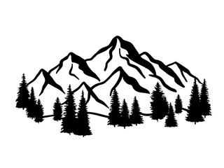 Mountain ranges and tree sketch. Vector illustration isolated on white background. Doodle drawing landscape
