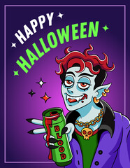 Happy halloween. Greeting card. Stylish happy vampire with a blood can. Vector festive illustration for halloween.