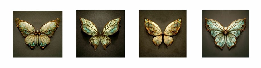 set of four art nouveau butterflies, pastel colors: beige, turquoise, shades of grey and brown, Generative AI - obrazy, fototapety, plakaty