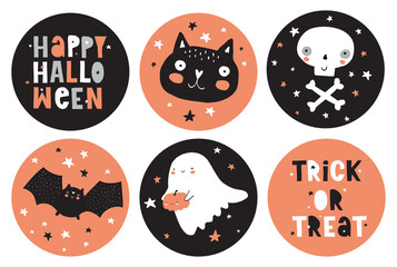 Obraz premium Halloween Party Stickers. Round Cake Toppers with Cat, White Skull, Bat and Cute Ghost on a Black and Orange Background. Handwritten Happy Halloween and Trick or Treats. Halloween Vector Prints.